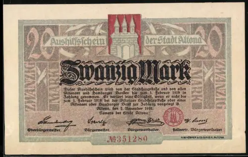 Notgeld Altona 1918, 20 Mark, gotisches Design mit Stadtwappen und dekorativem Muster