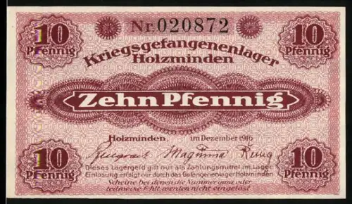 Notgeld Holzminden 1916, 10 Pfennig, Kriegsgefangenenlager, POW Camp Money, einseitig bedruckt