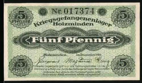Notgeld Holzminden 1916, 5 Pfennig, Kriegsgefangenenlager, POW Camp Money, einseitig bedruckt