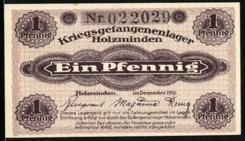 Notgeld Holzminden 1916, 1 Pfennig, Kriegsgefangenenlager, POW Camp Money, einseitig bedruckt