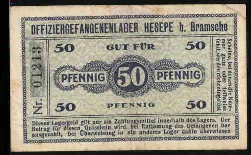 Notgeld Hesepe b. Bramsche, 50 Pfennig, Offiziergefangenenlager Hesepe, grünes Musterdesign, POW Camp Money