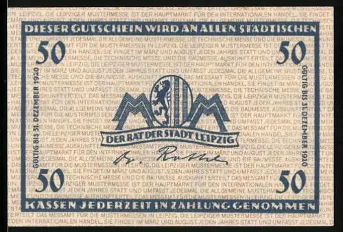 Notgeld Leipzig 1920, 50 Pfennig, Stadtwappen und Messelogo Schriftzug Gutschein