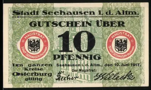 Notgeld Seehausen 1917, 10 Pfennig, Stadtwappen und grünes Musterdesign
