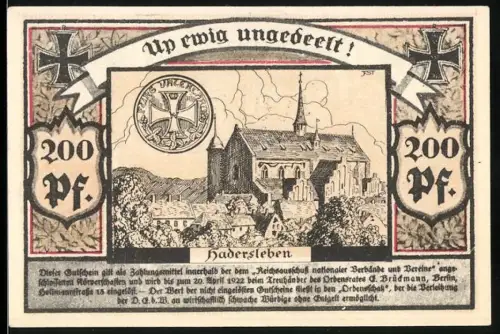 Notgeld Berlin 1922, 200 Pf, Ordensrat im Verband Nationalgesinnter Soldaten, Kirche Hadersleben und Medaillen mit Band