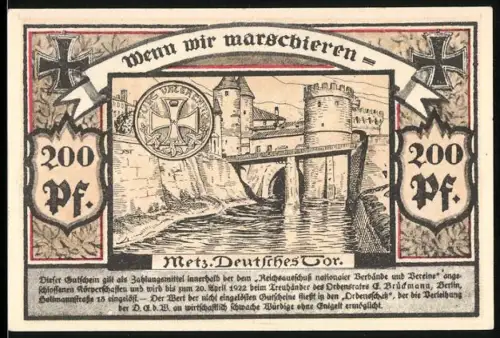 Notgeld Berlin 1922, 200 Pfennig, Ordensrat im Verband Nationalgesinnter Soldaten, Deutsches Tor zu Metz