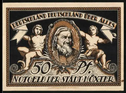 Notgeld Höxter 1921, 50 Pf, von Fallersleben, Deutschland Deutschland über alles, Gebäudeansichten Corvey 822-1922
