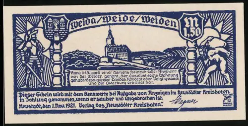 Notgeld Neustadt 1921, 1.50 Mark, Burgansicht und Karte mit Handmotiv