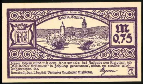 Notgeld Neustadt 1921, 0,75 Mark, Ortsansicht Triptis und Landkarte mit Faustmotiv