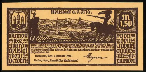 Notgeld Neustadt a.d. Orla 1921, 1.50 Mark, Ortsansicht und Karte mit Handmotiv
