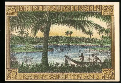 Notgeld Berlin 1921, 75 Pfennig, Deutsche Südseeinseln Kaiser-Wilhelmsland, Palmenlandschaft und Kolonialgedenktag-Motiv