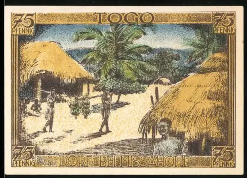 Notgeld Berlin 1921, 75 Pfennig, Togo Dorfszene bei Missahohe und Palme mit Sonnenuntergang, Kolonial-Gedenktag