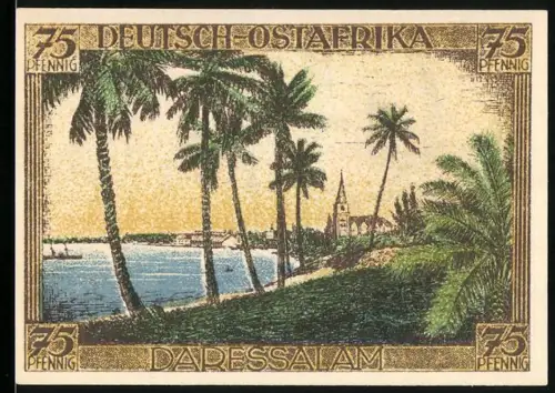Notgeld Berlin 1921, 75 Pfennig, Daressalam Deutsch-Ostafrika, Palmen und Küstenlandschaft mit Kirche, Kolonialgedenktag