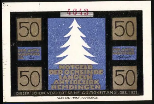 Notgeld Langeln 1921, 50 Pfennig, Weihnachtsbaum und Figuren eines Weihnachtsspiels