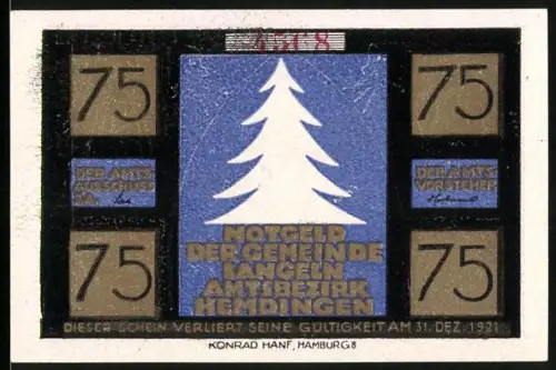 Notgeld Langeln 1921, 75 Pfennig, Tannenbaum und Weihnachtsspiel mit Elfen