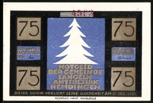 Notgeld Langeln 1921, 75 Pfennig, Weihnachtsbaum und Figuren aus einem Weihnachtsspiel