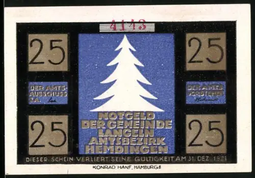 Notgeld Langeln 1921, 25 Pfennig, Weihnachtsmotiv mit Elfen und Tannenbaum