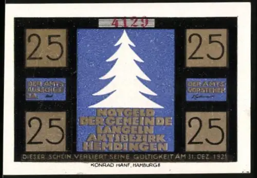 Notgeld Langeln 1921, 25 Pfennig, Tannenbaum und Weihnachtsmotiv mit Elfen und Kindern