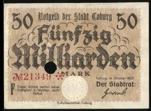 Notgeld Coburg 1923, 50 Milliarden Mark, einfache Gestaltung mit Stadtsiegel