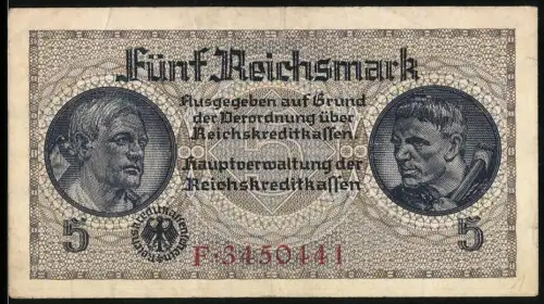 Notgeld Berlin, 5 Reichsmark, Reichskreditkasse, Porträts und klassisches Gebäude im Mittelkreis