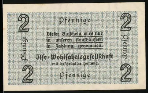 Notgeld Grube Ilse, 2 Pfennige, blaues geometrisches Muster und Text, Ilse Wohlfahrts GmbH