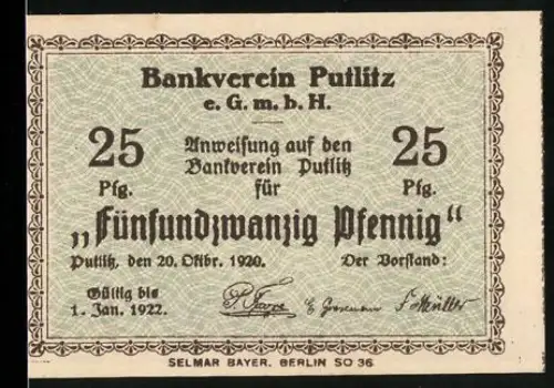 Notgeld Putlitz 1920, 25 Pfennig, Bankhaus Pritzwalk Abbildung, Bankverein Putlitz e. GmbH