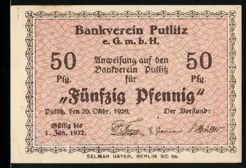 Notgeld Putlitz 1920, 50 Pfennig, Bankhaus Pritzwalk Abbildung, Bankverein Putlitz e. GmbH