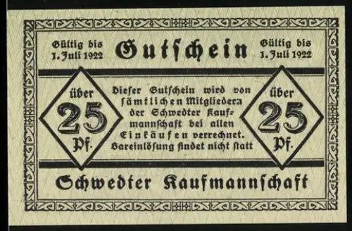 Notgeld Schwedt 1922, 25 Pfennig, Schwedter Kaufmannschaft, Text und Verzierungen in schwarz auf grünem Hintergrund