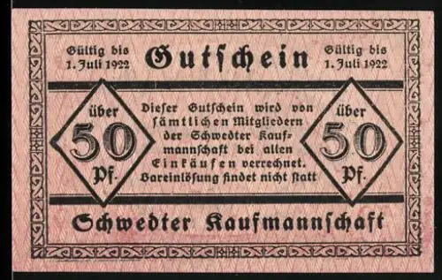 Notgeld Schwedt 1922, 50 Pfennig, Schwedter Kaufmannschaft, Text und Ziermuster im Hintergrund