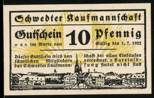 Notgeld Schwedt 1922, 10 Pfennig, Schwedter Kaufmannschaft, Ortsansicht mit Text und gelbem Hintergrundmuster