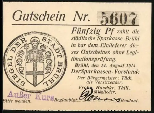 Notgeld Brühl 1914, 50 Pf, Siegel der Stadt Brühl mit Text über Einlösung als Bargeld