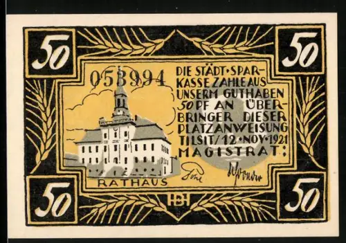 Notgeld Tilsit 1921, 50 Pfennig, Rathaus und Käse mit Bienen-Motiv