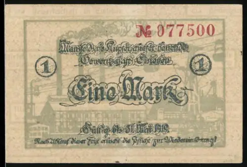 Notgeld Eisleben 1919, 1 Mark, Mansfeldsche Kupferschiefer, Industrieszene und Schriftzüge