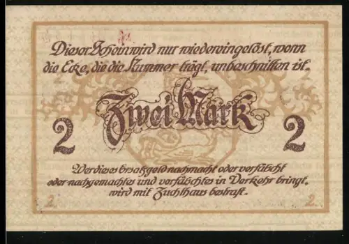 Notgeld Eisleben 1919, Zwei Mark, Mansfeldsche Kupferschiefer, dekorative Schrift mit Landschaft im Hintergrund