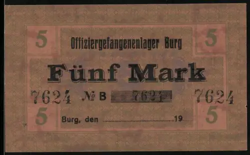 Notgeld Burg, 5 Mark, Offiziersgefangenenlager Aufdruck, schlichtes Design ohne Datum, KN mehrfach gestempelt, POW Camp