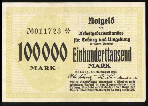 Notgeld Coburg 1923, 100.000 Mark, einfaches Design mit stilisiertem Text