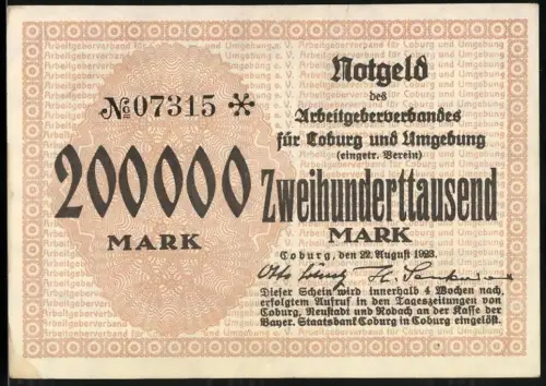 Notgeld Coburg 1923, 200.000 Mark, einfacher Textdruck mit Wertangabe
