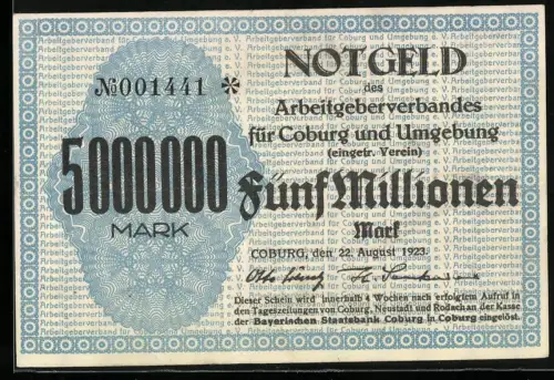 Notgeld Coburg 1923, 5 Millionen Mark, blauer Zierrahmen und Textmusterhintergrund Arbeitgeberverband
