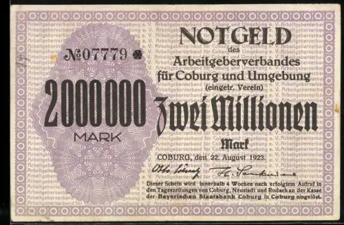 Notgeld Coburg 1923, 2 Millionen Mark, Schriftzug Zwei Millionen und florales Muster