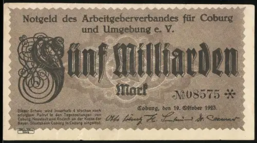 Notgeld Coburg 1923, Fünf Milliarden Mark, kalligrafischer Schriftzug und florales Muster