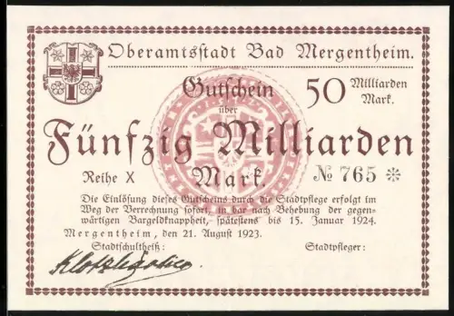 Notgeld Bad Mergentheim 1923, 50 Milliarden Mark, KN 765, Wappen und rotes Siegel