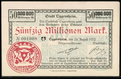 Notgeld Oggersheim 1923, 50 Millionen Mark, rotes Wappen