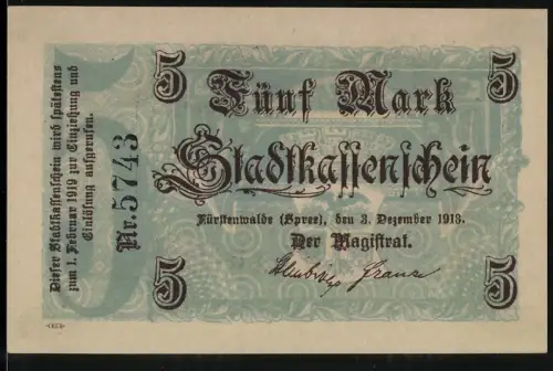 Notgeld Fürstenwalde / Spree 1918, 5 Mark, dekoratives Muster und Text im Jugendstil