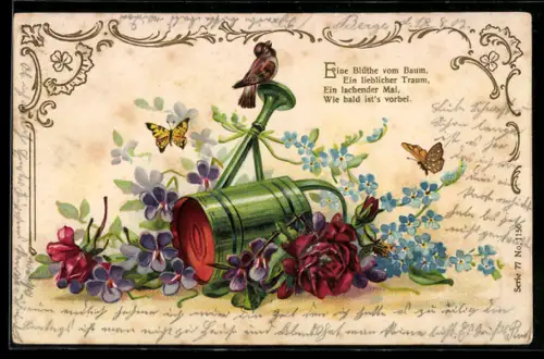 AK Vogel und Schmetterlinge mit Giesskanne