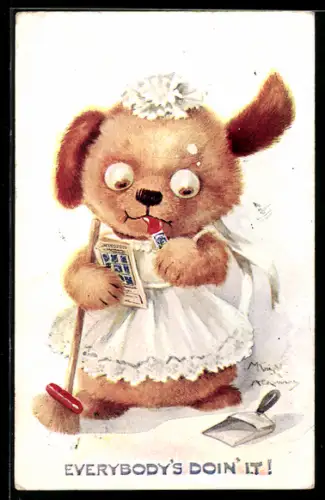 Künstler-AK A. E. Kennedy: Everybody`s Doin` It! Kleiner Hund mit Schürze und Besen & Briefmarken