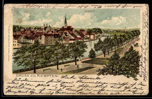 Lithographie Kempten / Allgäu, Ortsansicht mit Flusspartie in der Altstadt