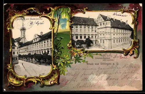 Lithographie Dillingen a. D., Priester-Seminar mit Lyceum, Studienkirche