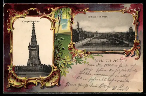 AK Harburg, Krieger-Denkmal, Rathaus und Post