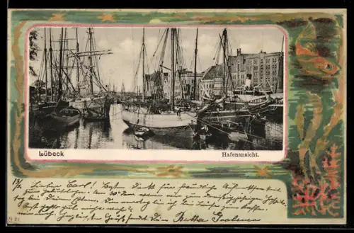 AK Lübeck, Hafenansicht im Wasser-Passepartout