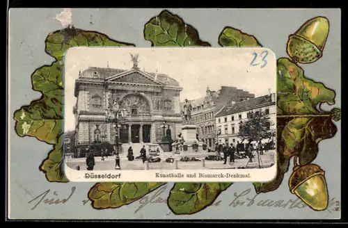 AK Düsseldorf, Kunsthalle und Bismarck-Denkmal im Eichenblatt-Passepartout