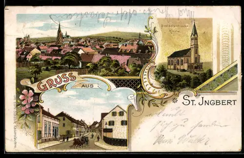 Lithographie St. Ingbert, Protestantische Kirche, Strassenansicht